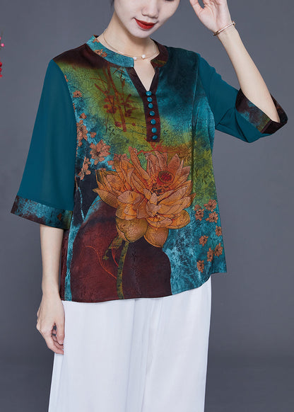 Blue Print Silk Shirts V Neck Button Half Sleeve LY2339 - fabuloryshop