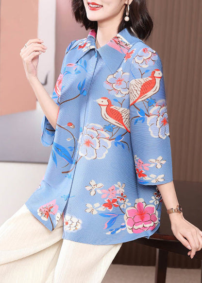 Blue Print Wrinkled Shirt Top Peter Pan Collar Bracelet Sleeve LY2730 - fabuloryshop