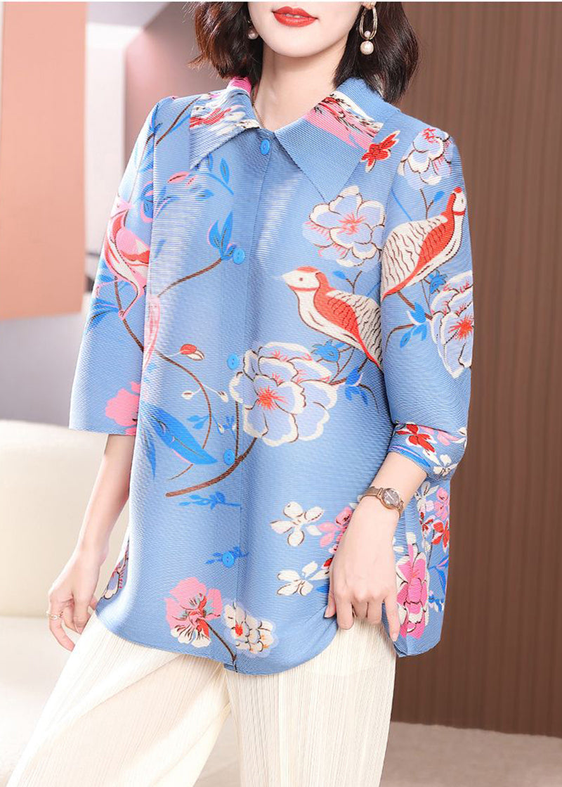 Blue Print Wrinkled Shirt Top Peter Pan Collar Bracelet Sleeve LY2730 - fabuloryshop