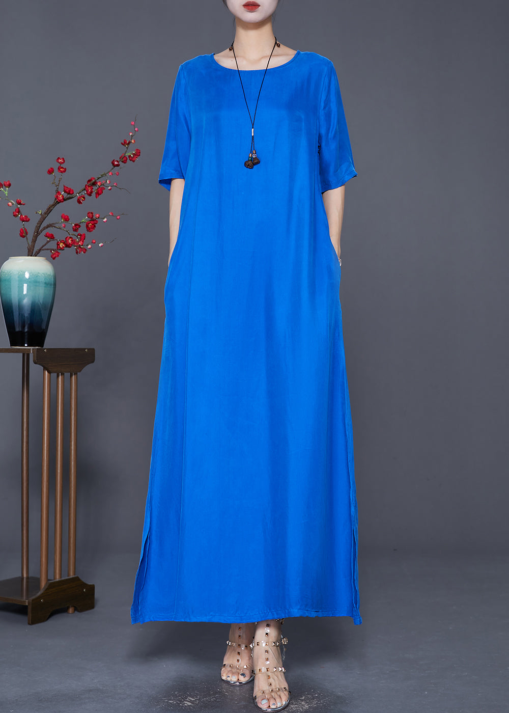 Blue Silk Holiday Dress Oversized Side Open Summer Ada Fashion