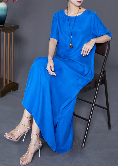 Blue Silk Holiday Dress Oversized Side Open Summer Ada Fashion