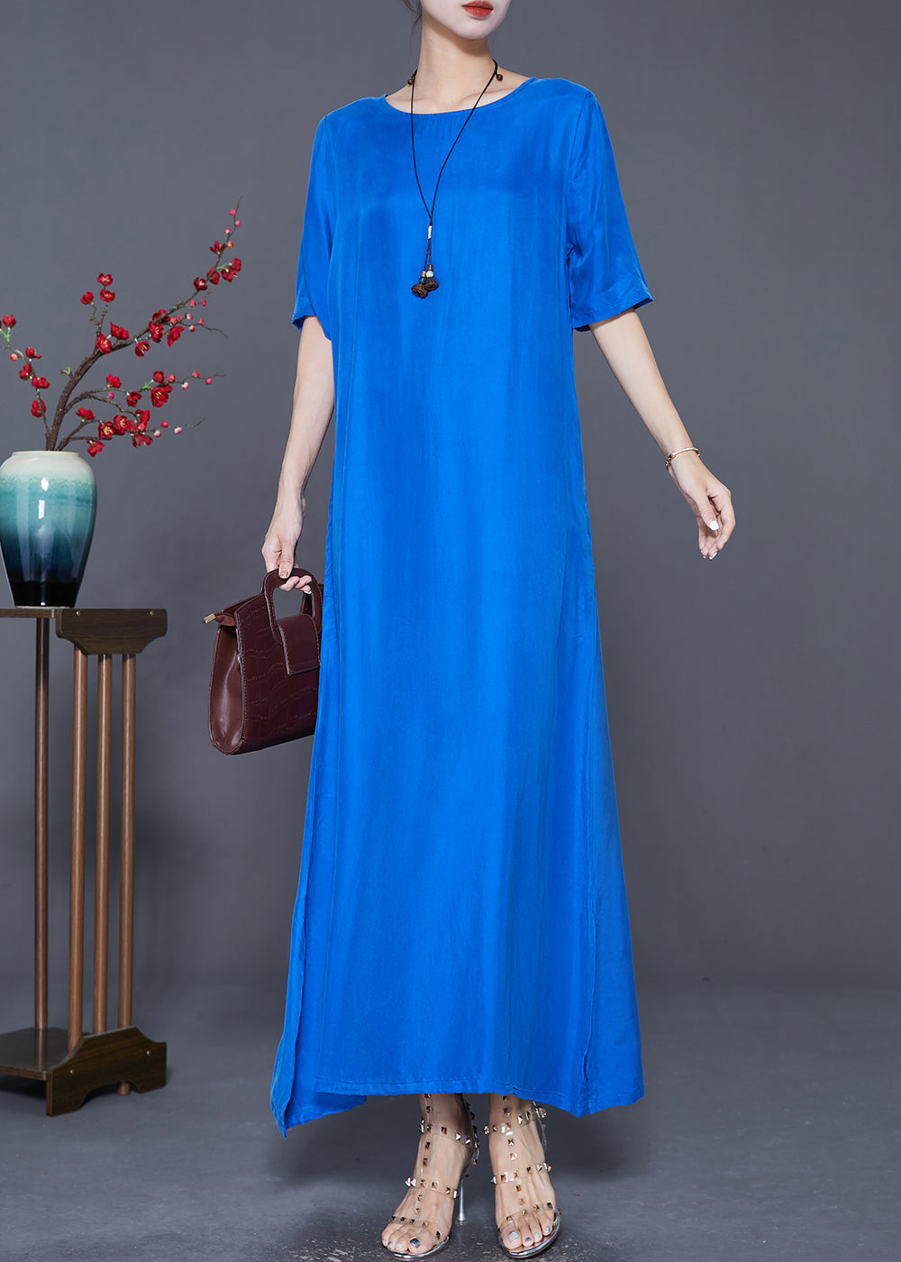 Blue Silk Holiday Dress Oversized Side Open Summer Ada Fashion