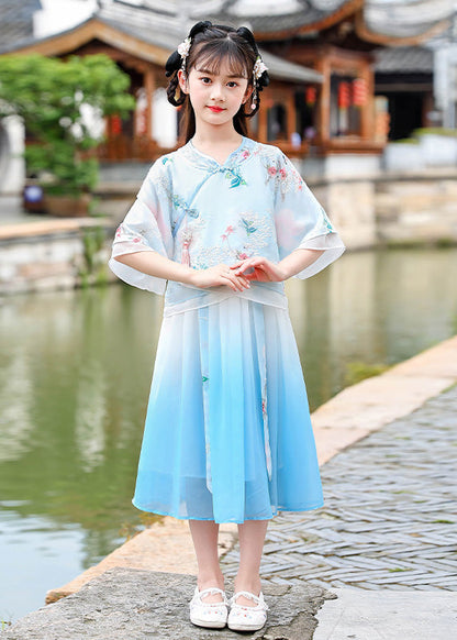 Blue Stand Collar Button Chiffon Kids Vacation Dresses Summer Ada Fashion