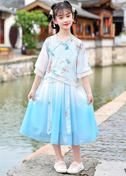 Blue Stand Collar Button Chiffon Kids Vacation Dresses Summer Ada Fashion