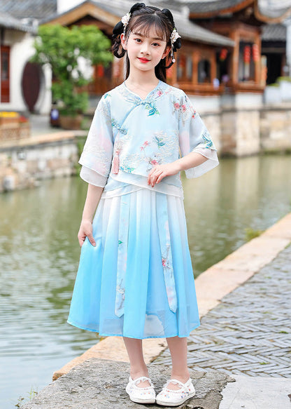 Blue Stand Collar Button Chiffon Kids Vacation Dresses Summer Ada Fashion