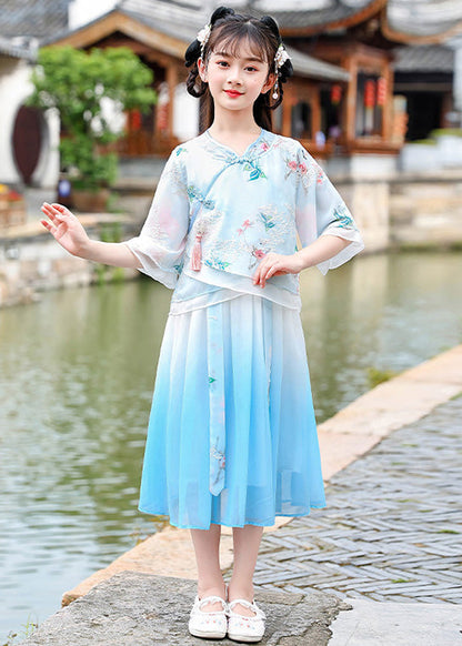 Blue Stand Collar Button Chiffon Kids Vacation Dresses Summer Ada Fashion