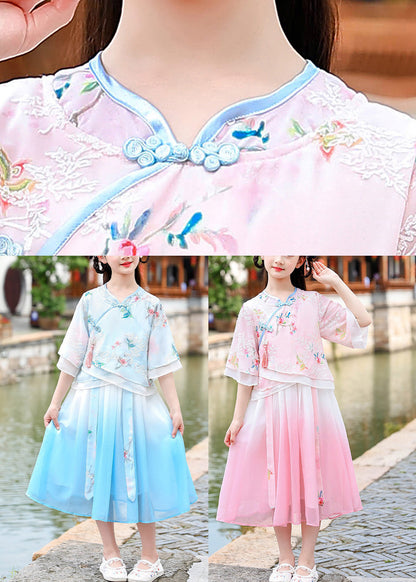 Blue Stand Collar Button Chiffon Kids Vacation Dresses Summer Ada Fashion