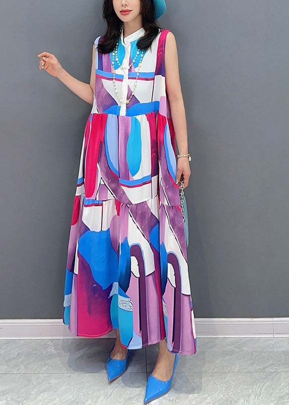 Blue Stand Collar Patchwork Long Dresses Summer LY4317 - fabuloryshop