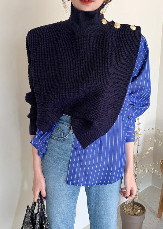 Blue Striped Button Fake Two Pieces Shirt Long Sleeve LY0357 - fabuloryshop