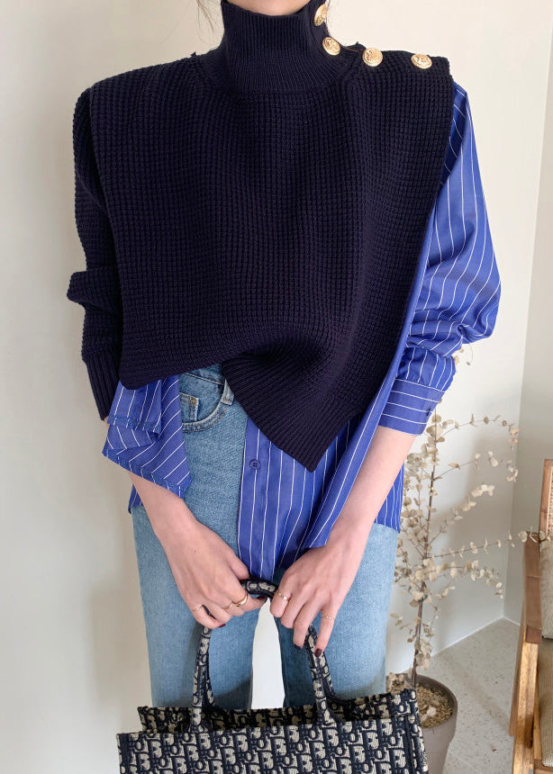 Blue Striped Button Fake Two Pieces Shirt Long Sleeve LY0357 - fabuloryshop