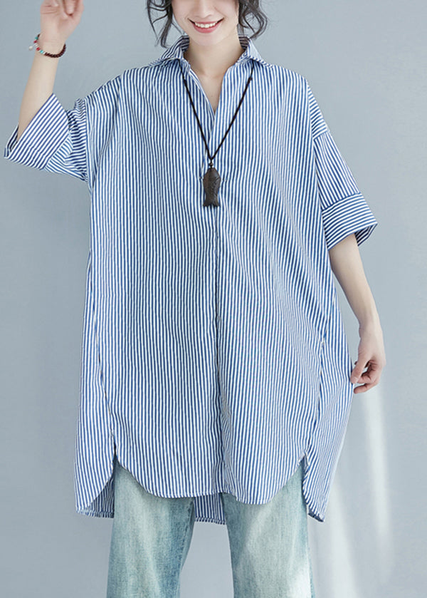 Blue Striped Cotton Shirt Dress Oversized Side Open Summer LY7320 - fabuloryshop