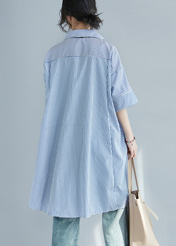 Blue Striped Cotton Shirt Dress Oversized Side Open Summer LY7320 - fabuloryshop