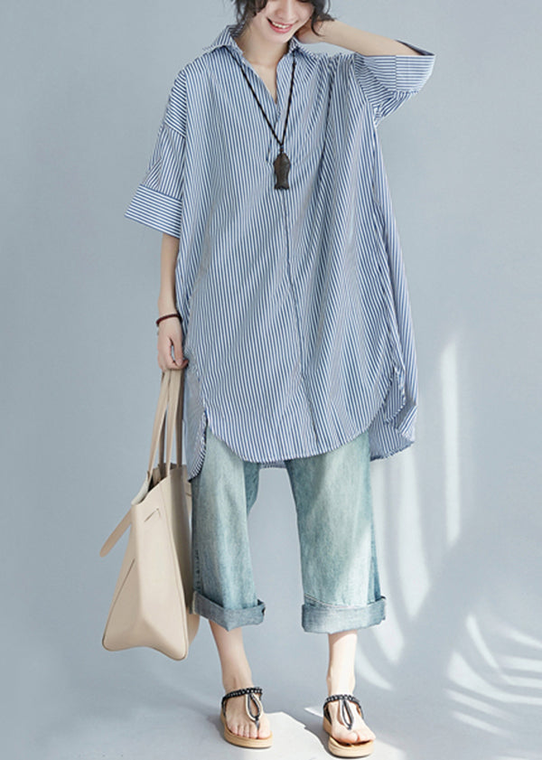 Blue Striped Cotton Shirt Dress Oversized Side Open Summer LY7320 - fabuloryshop