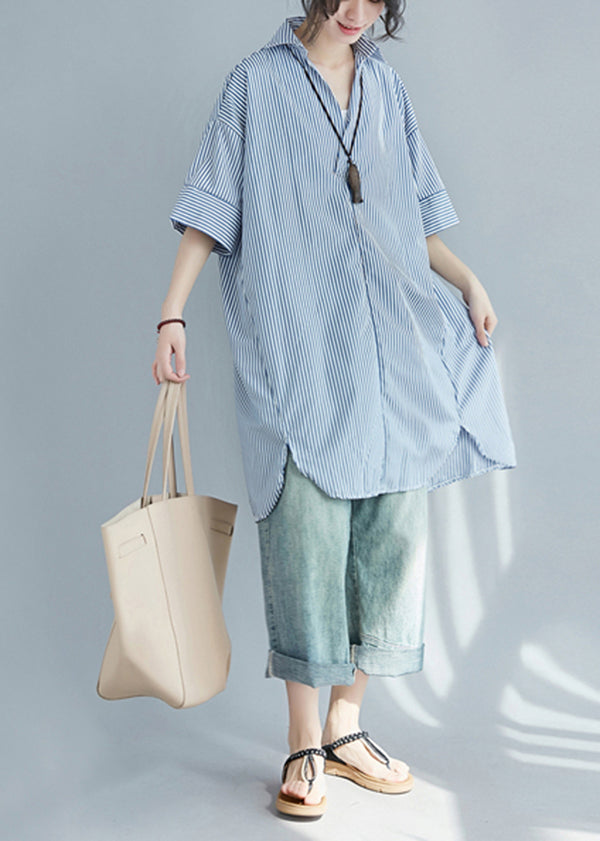 Blue Striped Cotton Shirt Dress Oversized Side Open Summer LY7320 - fabuloryshop