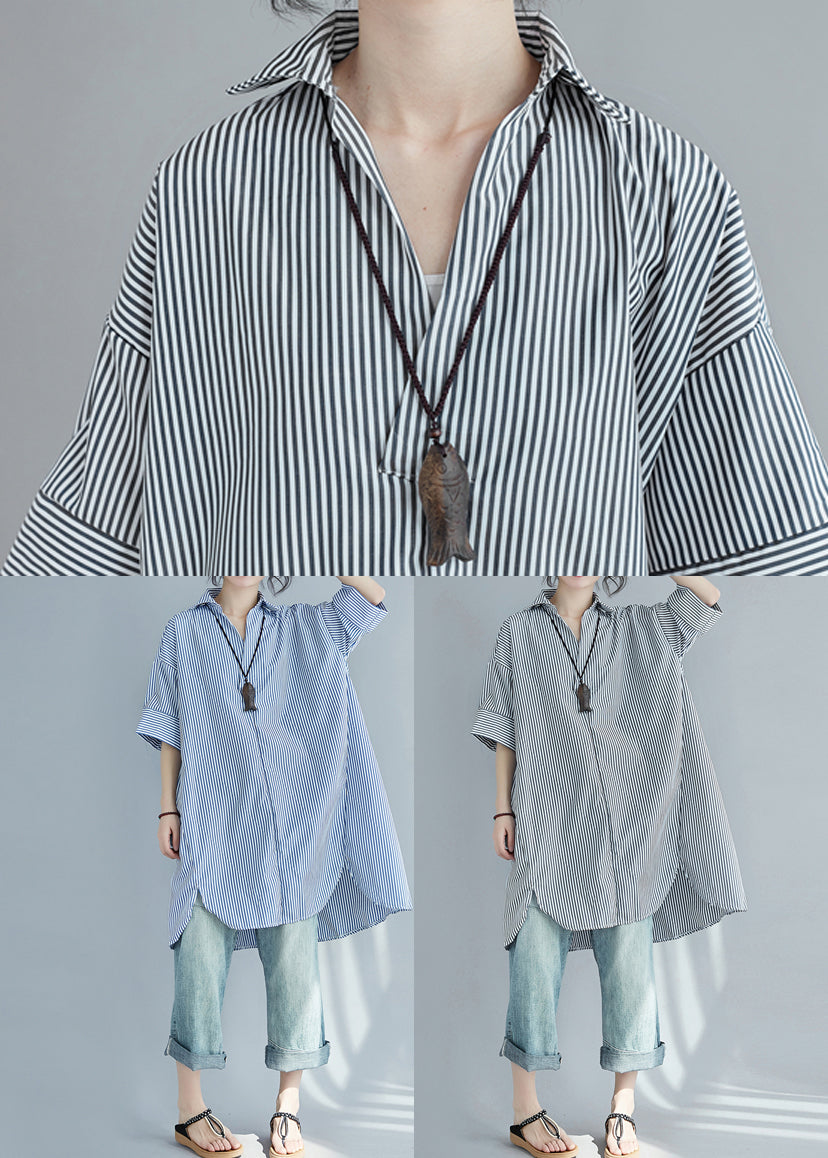 Blue Striped Cotton Shirt Dress Oversized Side Open Summer LY7320 - fabuloryshop