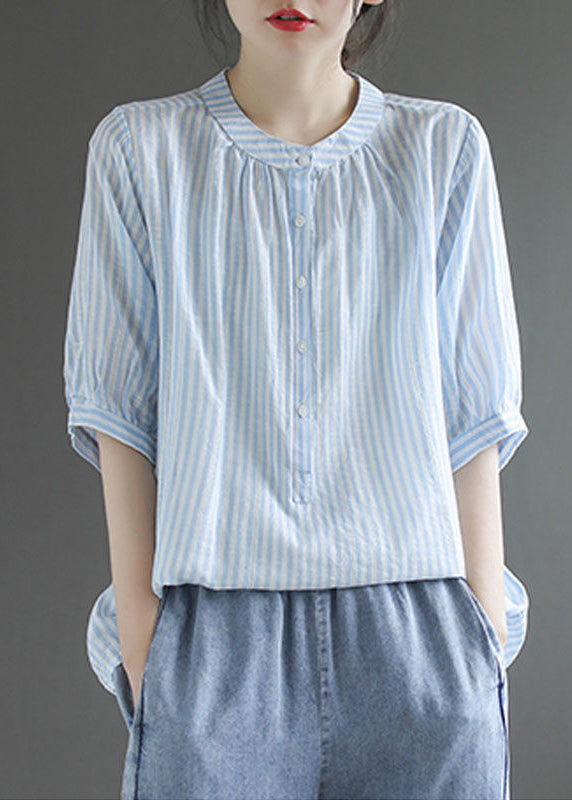 Blue Striped Cotton Shirt Top O-Neck Oversized Half Sleeve LY4893 - fabuloryshop