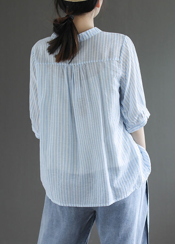 Blue Striped Cotton Shirt Top O-Neck Oversized Half Sleeve LY4893 - fabuloryshop