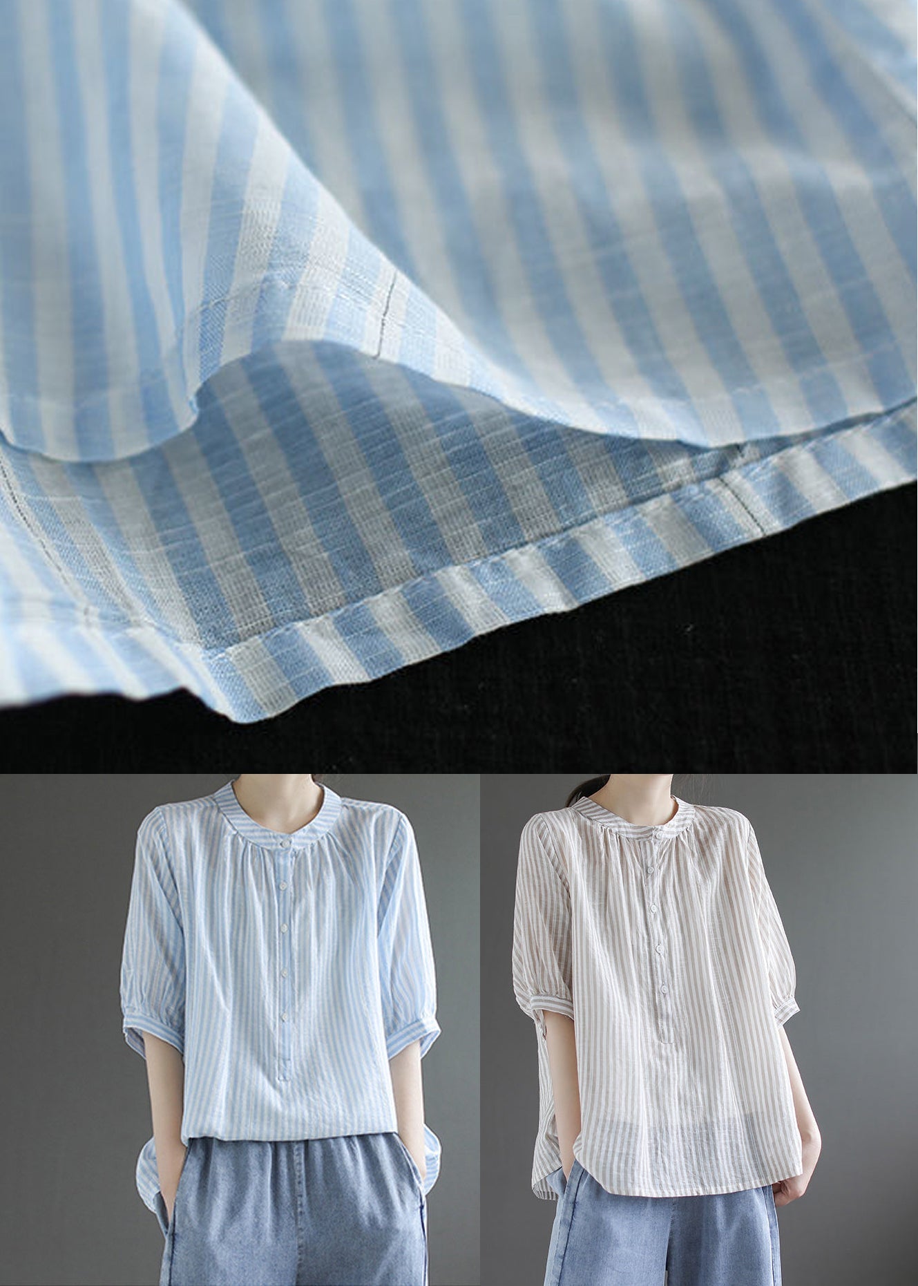 Blue Striped Cotton Shirt Top O-Neck Oversized Half Sleeve LY4893 - fabuloryshop