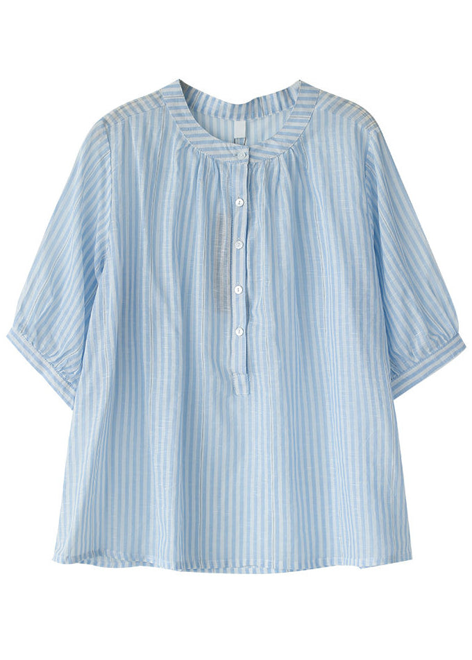 Blue Striped Cotton Shirt Top O-Neck Oversized Half Sleeve LY4893 - fabuloryshop