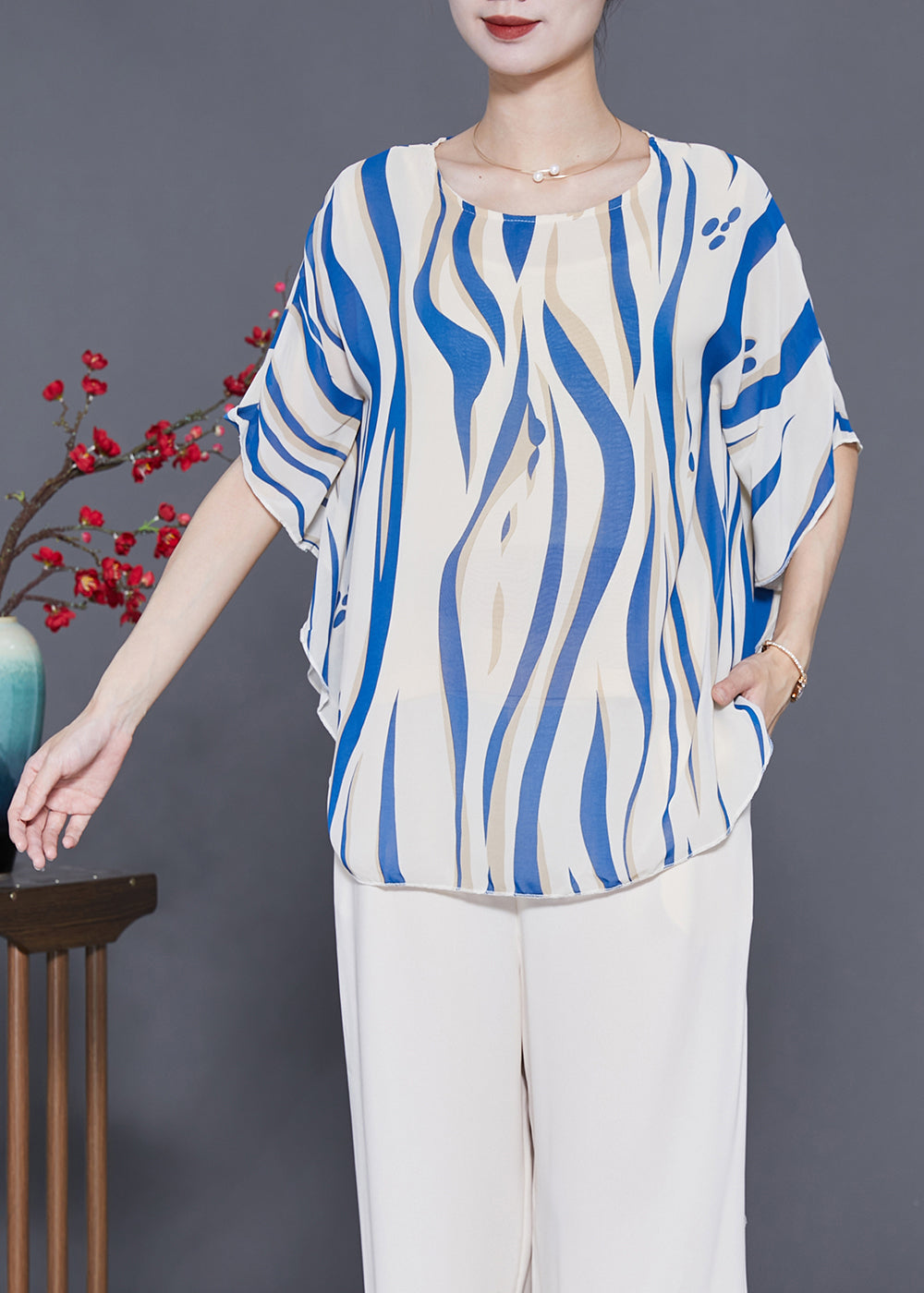 Blue Striped Silk Tank Tops Oversized Batwing Sleeve LY3640 - fabuloryshop