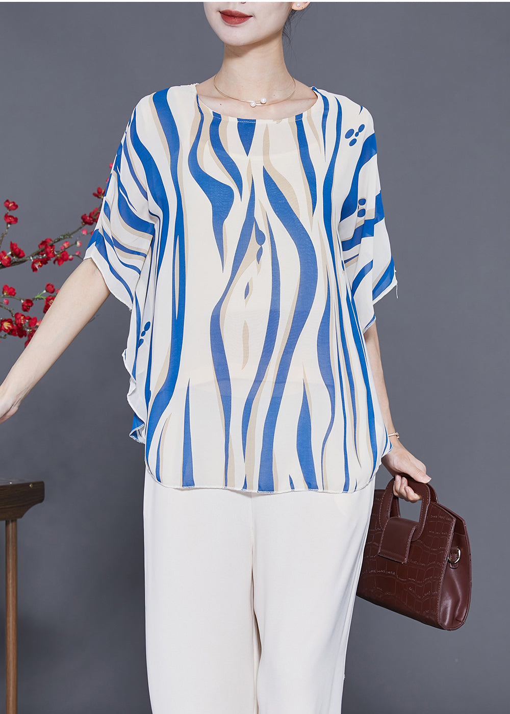 Blue Striped Silk Tank Tops Oversized Batwing Sleeve LY3640 - fabuloryshop