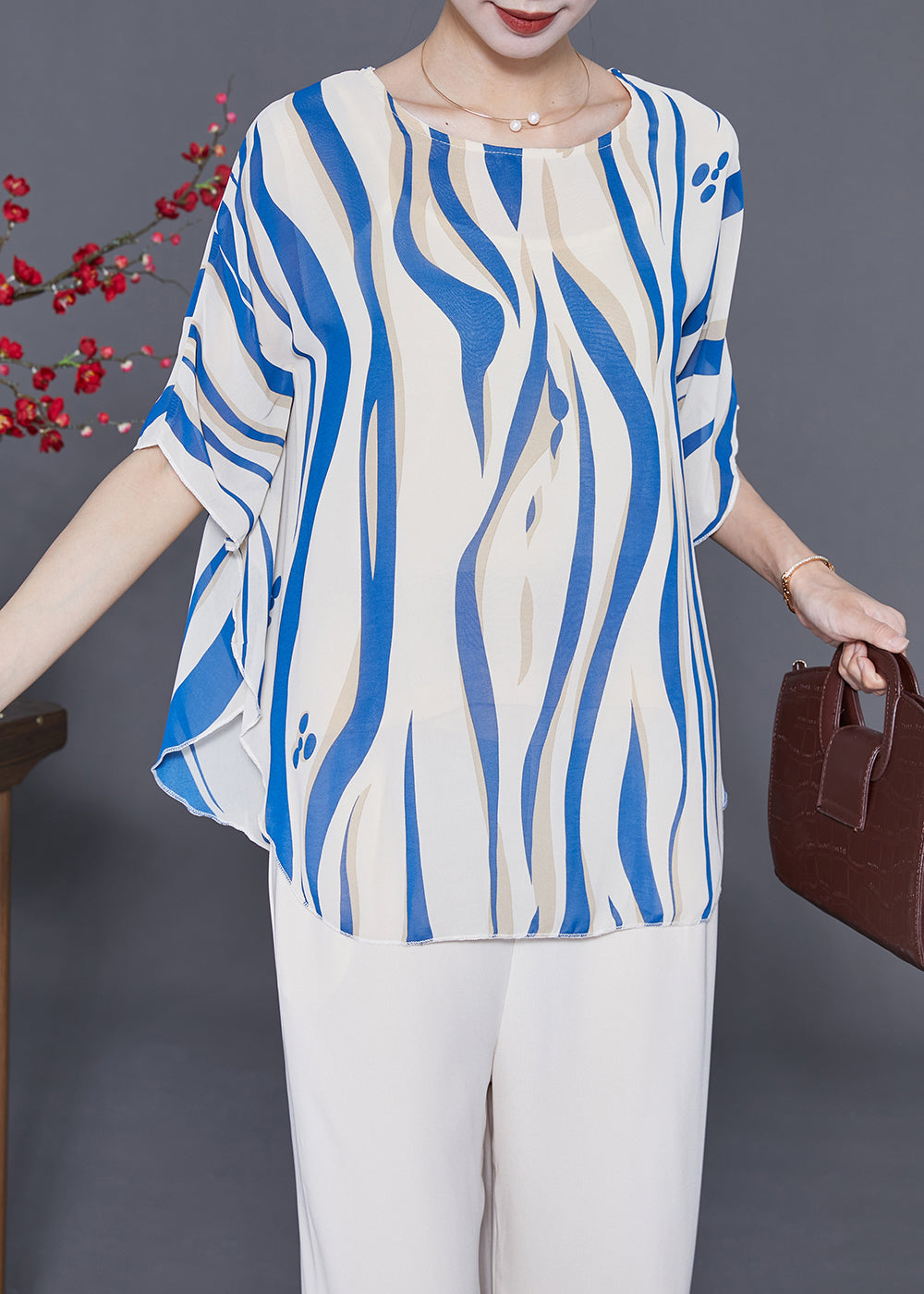 Blue Striped Silk Tank Tops Oversized Batwing Sleeve LY3640 - fabuloryshop