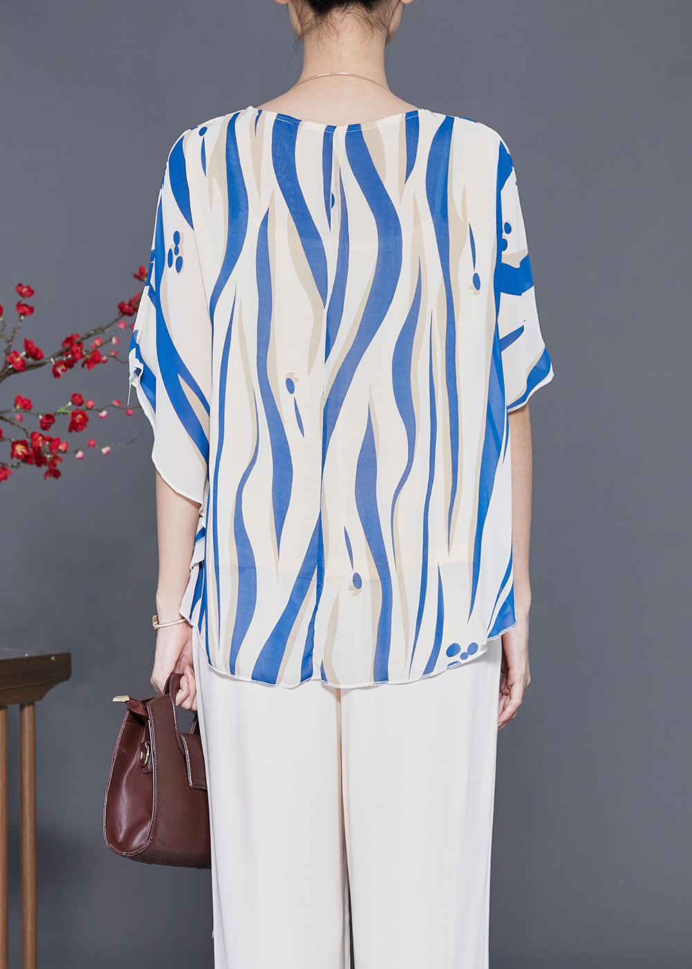 Blue Striped Silk Tank Tops Oversized Batwing Sleeve LY3640 - fabuloryshop