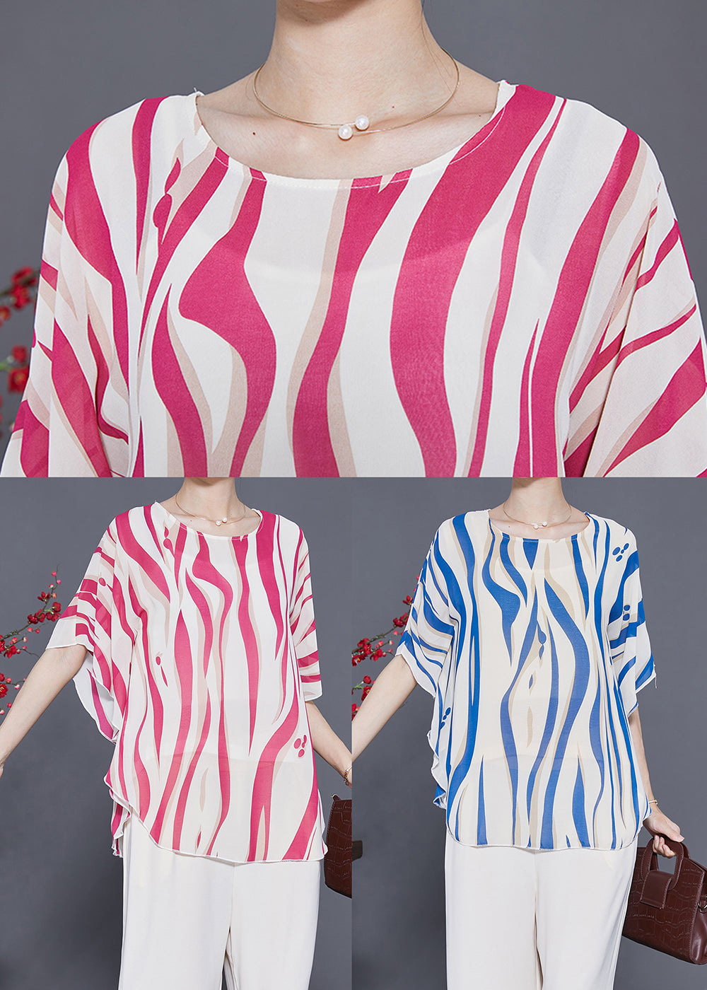 Blue Striped Silk Tank Tops Oversized Batwing Sleeve LY3640 - fabuloryshop