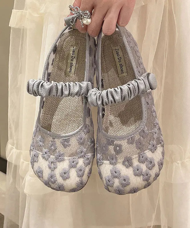 Blue Walking Sandals Women Tulle Embroidery Buckle Strap Splicing Ada Fashion