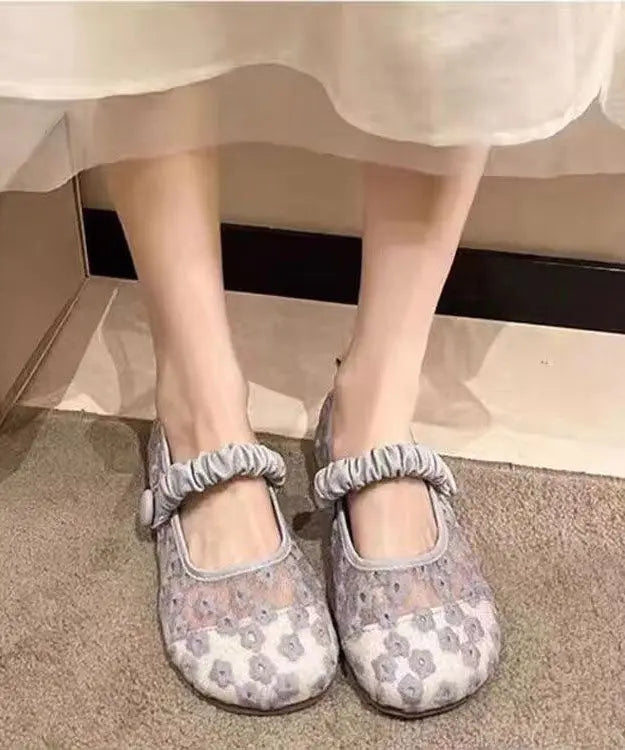 Blue Walking Sandals Women Tulle Embroidery Buckle Strap Splicing Ada Fashion