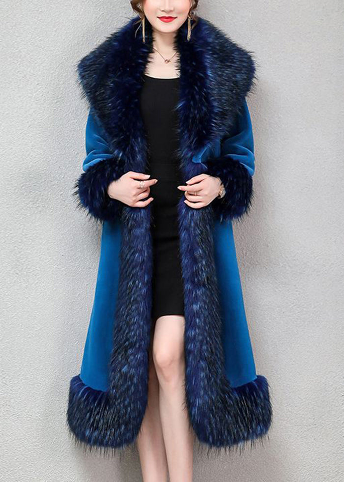 Blue Warm Faux Fur Long Coats Fur Collar Silm Fit Winter Ada Fashion