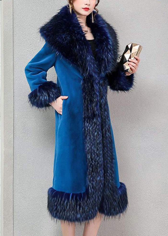 Blue Warm Faux Fur Long Coats Fur Collar Silm Fit Winter Ada Fashion