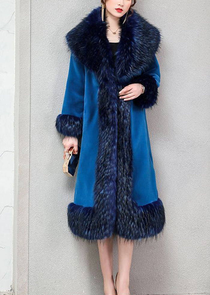 Blue Warm Faux Fur Long Coats Fur Collar Silm Fit Winter Ada Fashion