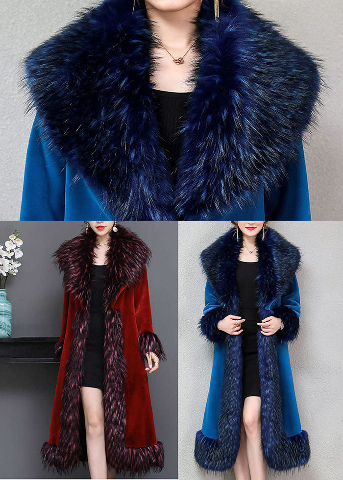 Blue Warm Faux Fur Long Coats Fur Collar Silm Fit Winter Ada Fashion