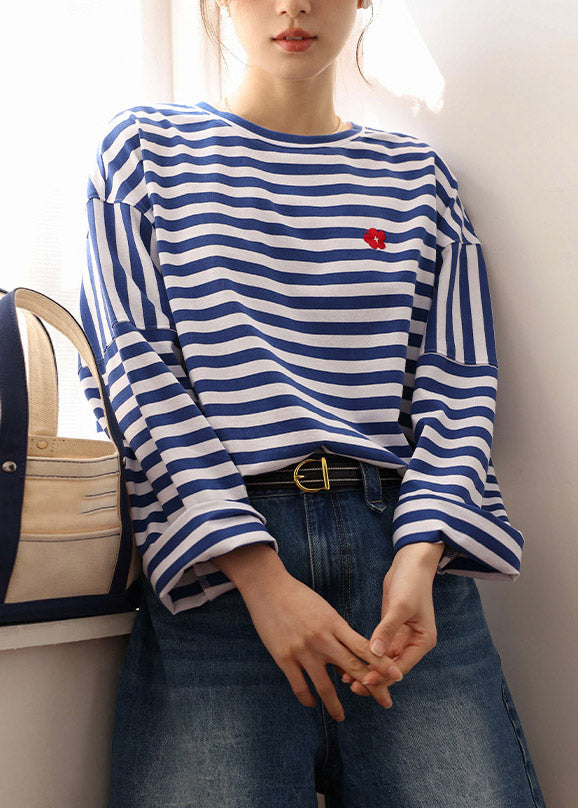 Blue White Striped Embroideried Loose Cotton Top Long Sleeve LY4497 - fabuloryshop