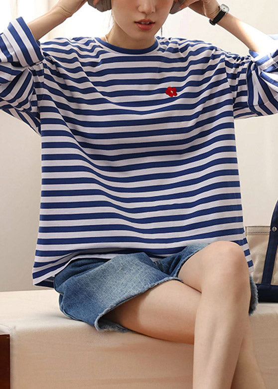 Blue White Striped Embroideried Loose Cotton Top Long Sleeve LY4497 - fabuloryshop