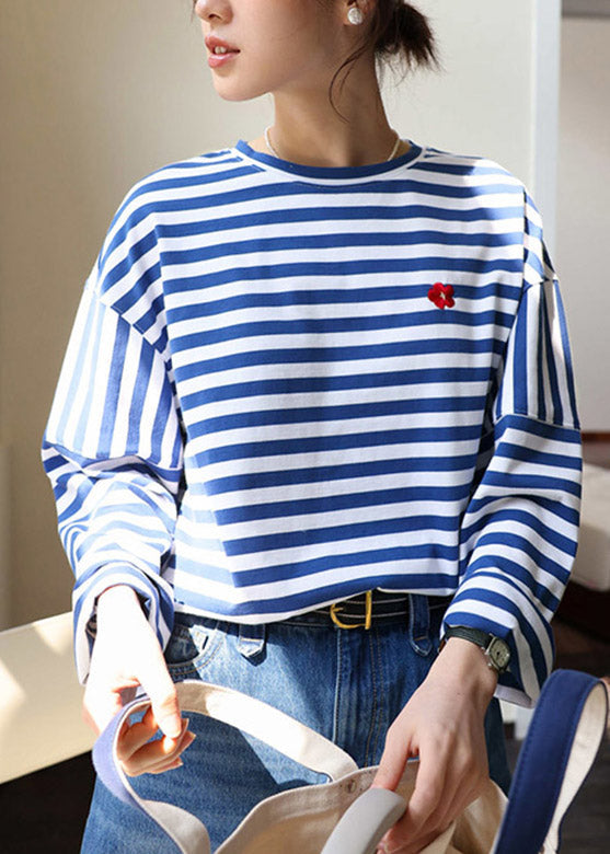 Blue White Striped Embroideried Loose Cotton Top Long Sleeve LY4497 - fabuloryshop