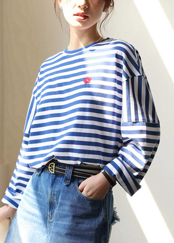 Blue White Striped Embroideried Loose Cotton Top Long Sleeve LY4497 - fabuloryshop