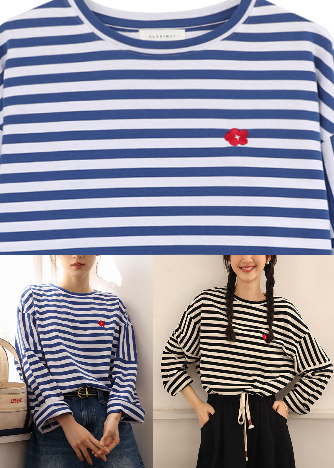 Blue White Striped Embroideried Loose Cotton Top Long Sleeve LY4497 - fabuloryshop