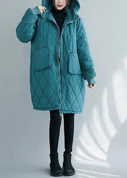 Blue Zippered Pockets Thick Hooded Parka Winter Ada Fashion