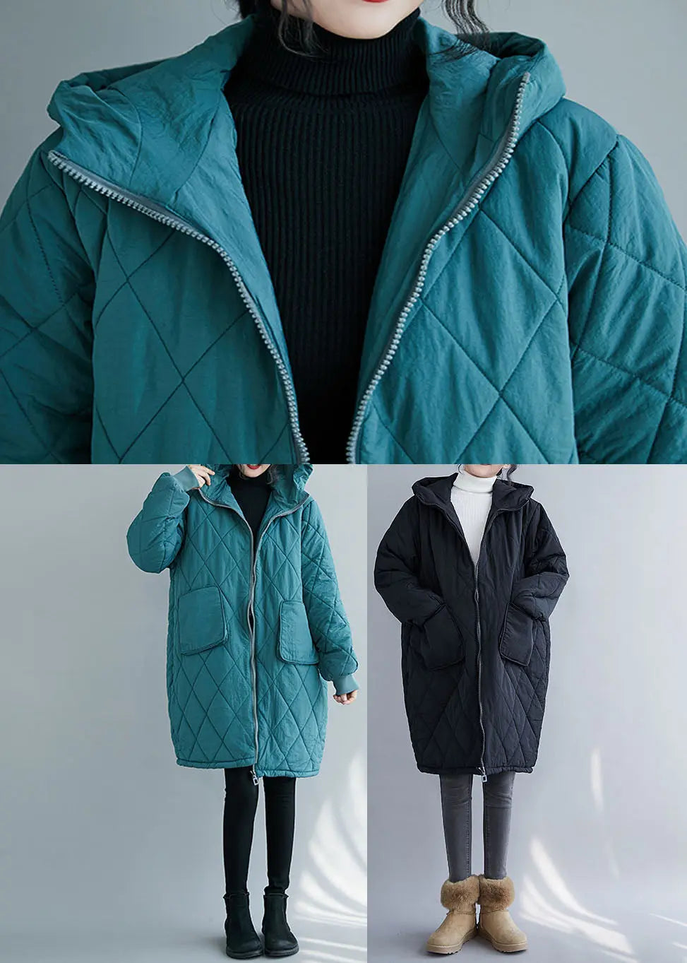 Blue Zippered Pockets Thick Hooded Parka Winter Ada Fashion