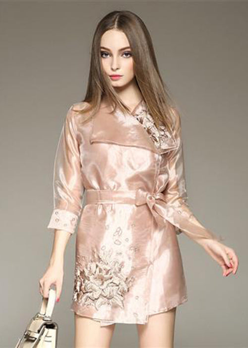 Bohemian Apricot Embroideried Organza Dress And Trench Two Piece Set Outfits Spring LY0702