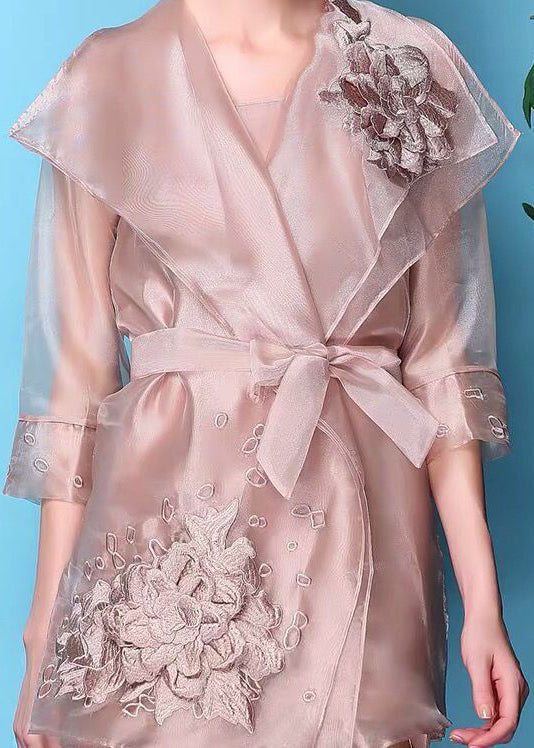 Bohemian Apricot Embroideried Organza Dress And Trench Two Piece Set Outfits Spring LY0702