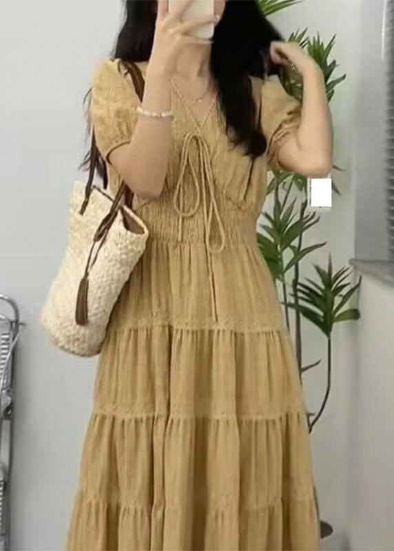 Bohemian Apricot V Neck Cinched Patchwork Long Dress Short Sleeve LY3899 - fabuloryshop