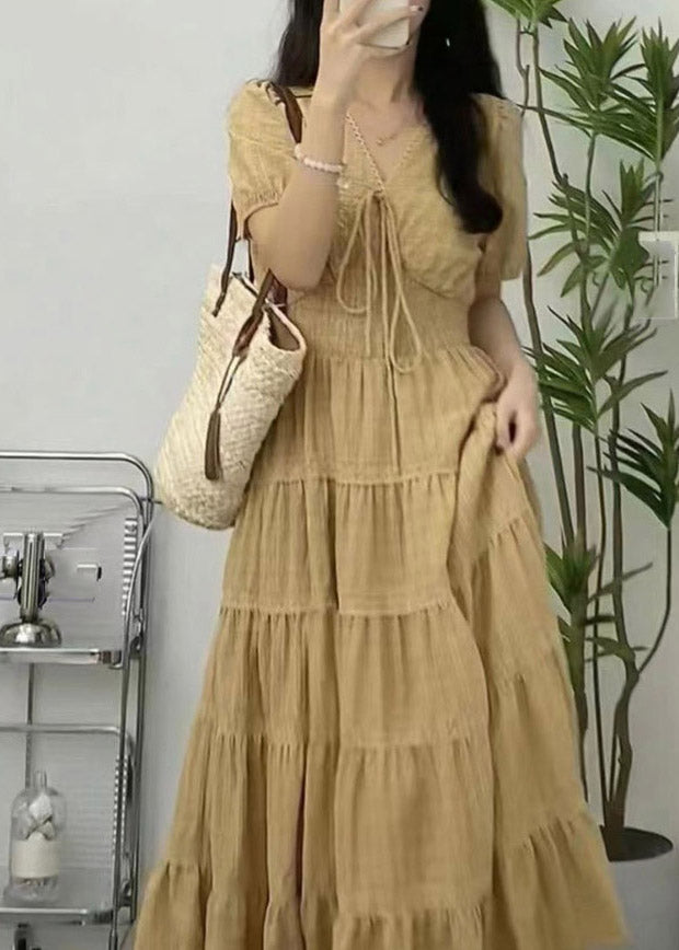 Bohemian Apricot V Neck Cinched Patchwork Long Dress Short Sleeve LY3899 - fabuloryshop