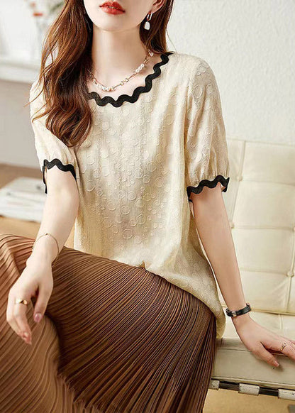 Bohemian Beige O-Neck Chiffon T Shirts Short Sleeve LY1525 - fabuloryshop