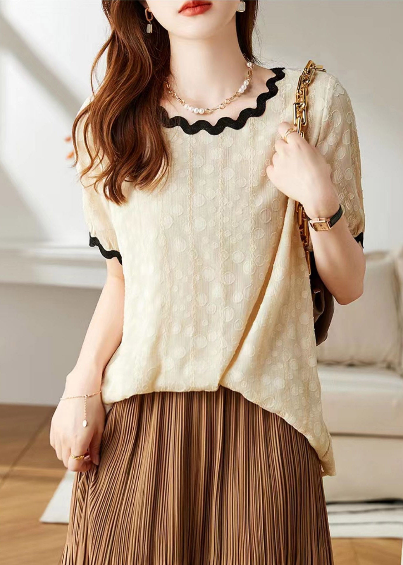 Bohemian Beige O-Neck Chiffon T Shirts Short Sleeve LY1525 - fabuloryshop