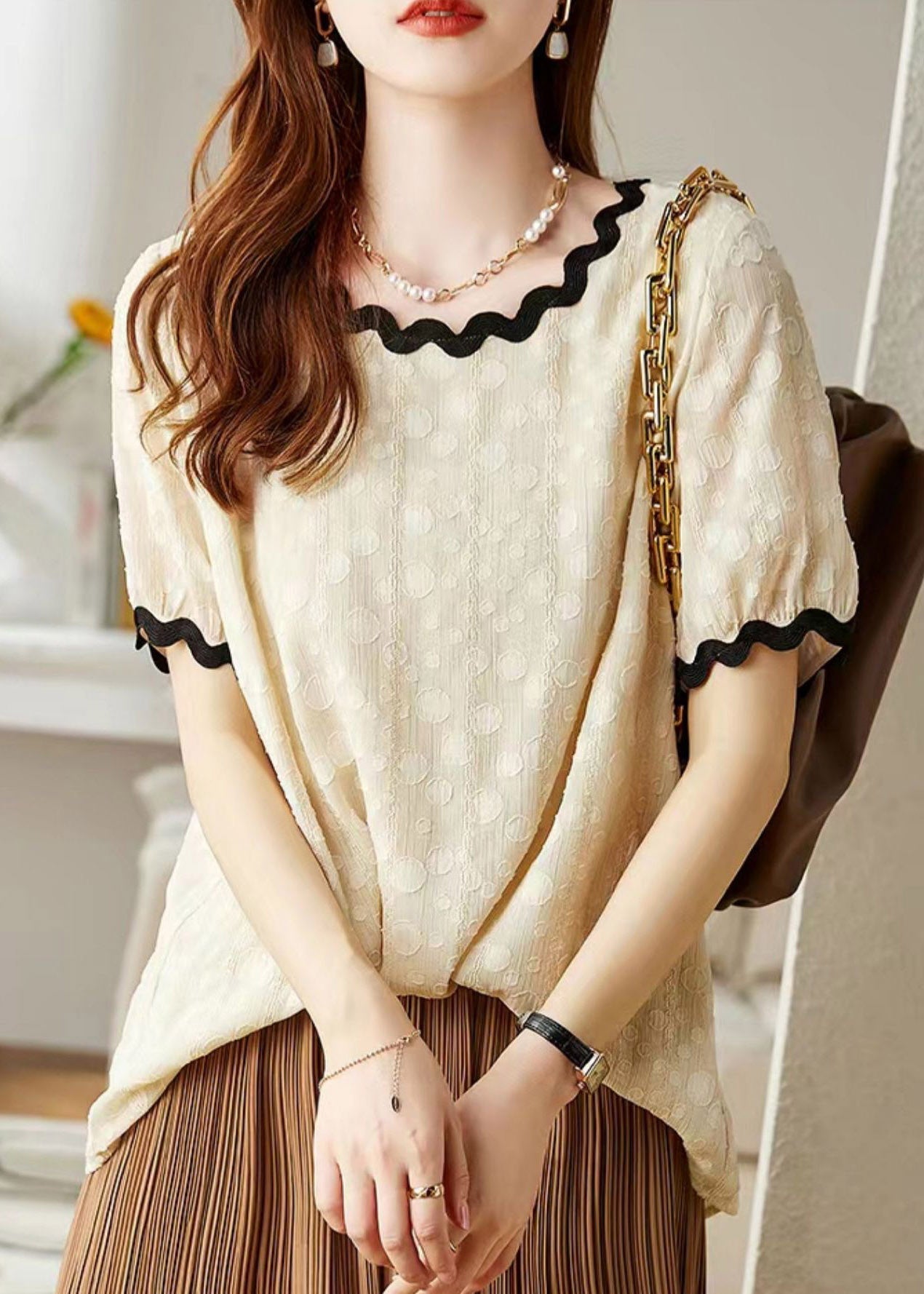 Bohemian Beige O-Neck Chiffon T Shirts Short Sleeve LY1525 - fabuloryshop