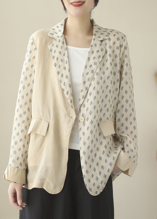 Bohemian Beige Peter Pan Collar Print Ramie Coats Long Sleeve LY5017 - fabuloryshop