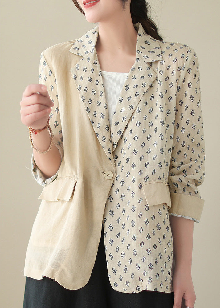 Bohemian Beige Peter Pan Collar Print Ramie Coats Long Sleeve LY5017 - fabuloryshop